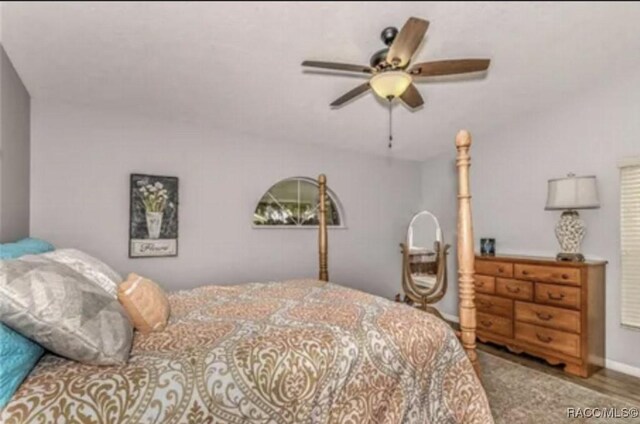 bedroom with a ceiling fan and wood finished floors