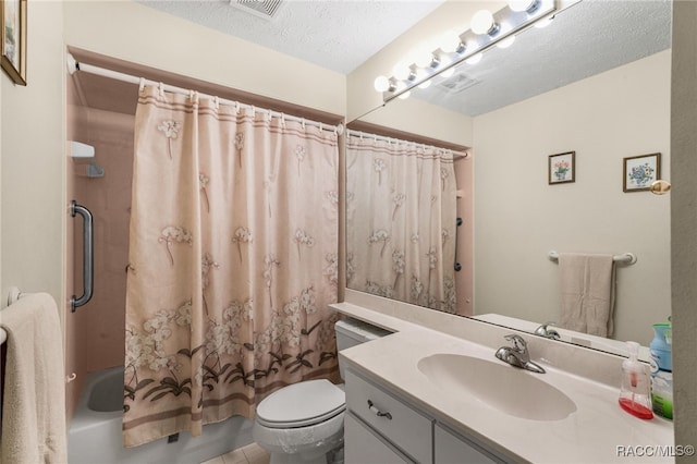 full bathroom with vanity, toilet, a textured ceiling, and shower / tub combo with curtain