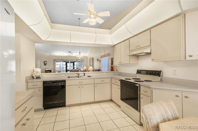 kitchen with white electric range oven, ceiling fan, sink, cream cabinetry, and black dishwasher