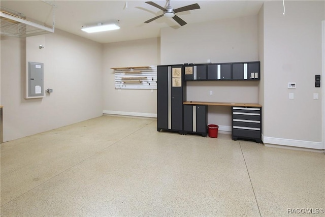 garage with electric panel and ceiling fan