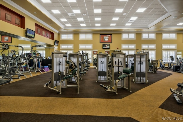 gym with a paneled ceiling, dark carpet, ornamental molding, a raised ceiling, and a high ceiling