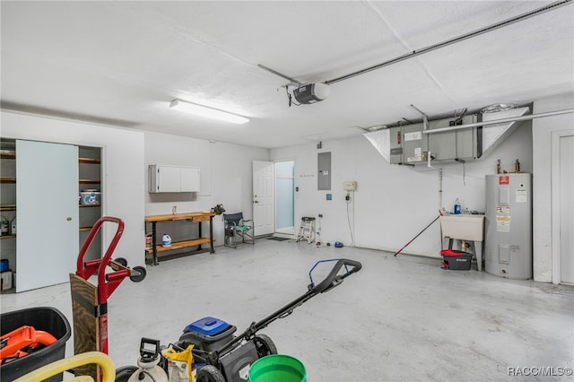 garage featuring a sink, a garage door opener, water heater, and electric panel