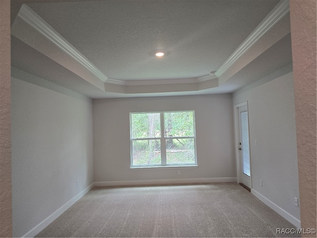 unfurnished room featuring a textured ceiling, a tray ceiling, crown molding, and light colored carpet