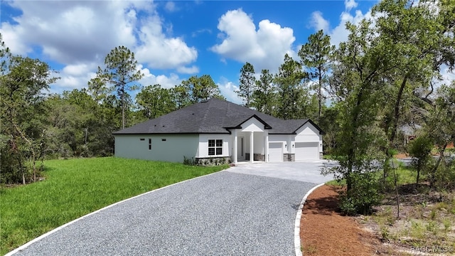 7024 N Fountainhead Dr, Citrus Springs, FL 34433 - ranch-style home featuring gravel driveway, a garage, a front yard, stucco siding, and stone siding