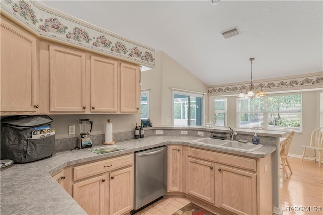 2617 E Newhaven St, Inverness, FL 34453 - kitchen featuring dishwasher, a sink, light brown cabinetry, a peninsula, and lofted ceiling