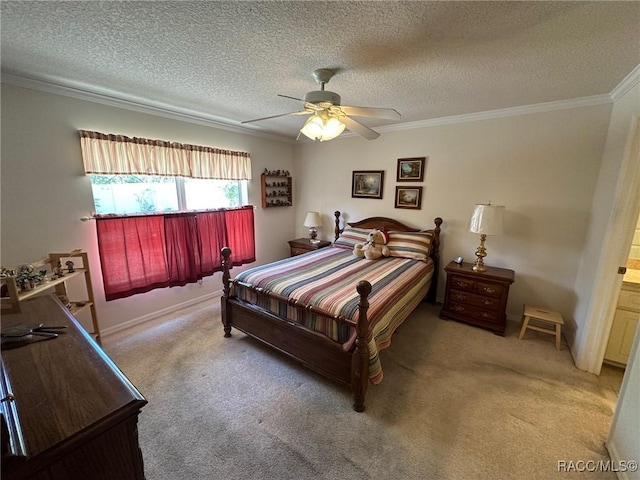 bedroom with baseboards, ornamental molding, a ceiling fan, a textured ceiling, and light carpet