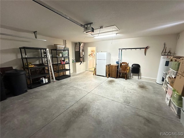 garage with electric water heater, a garage door opener, freestanding refrigerator, and heating unit