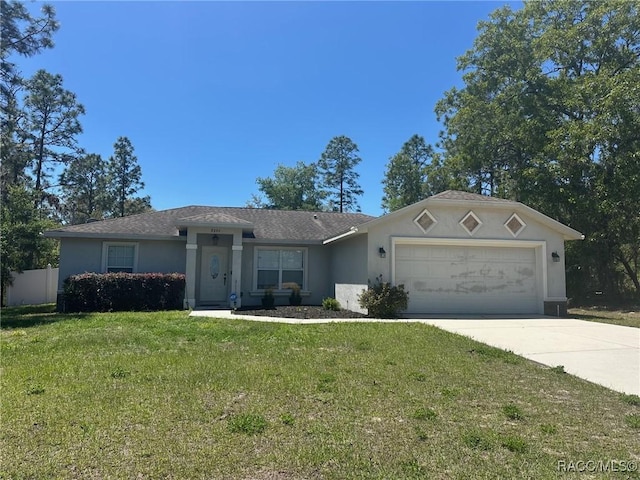 ranch-style house featuring an attached garage, fence, concrete driveway, a front lawn, and stucco siding