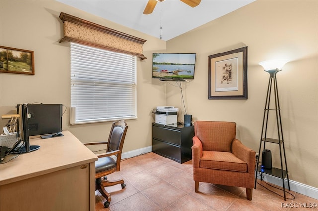 office with ceiling fan and light tile patterned floors