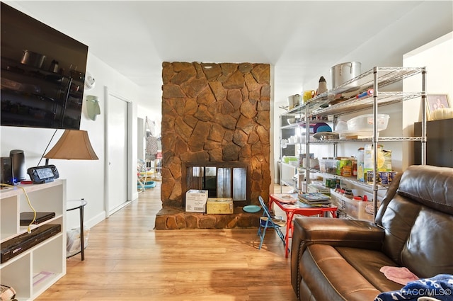 living area featuring a fireplace and wood finished floors