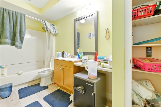 full bathroom with shower / tub combo with curtain, toilet, tile patterned floors, and vanity