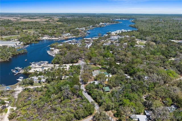 aerial view featuring a forest view and a water view