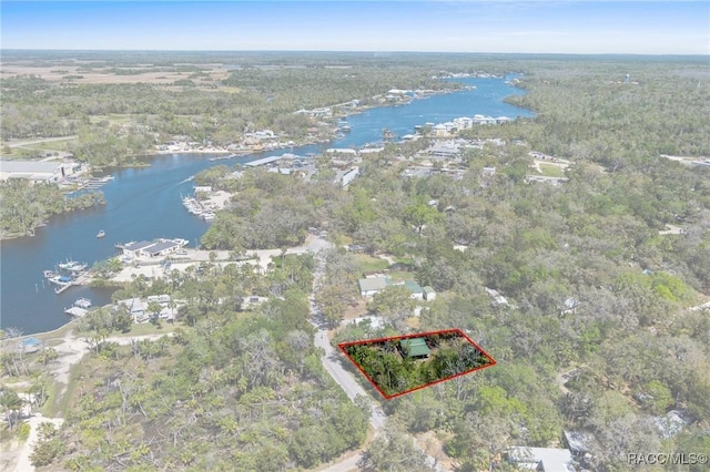 birds eye view of property featuring a forest view and a water view