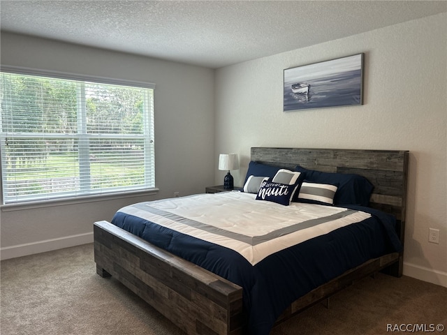 bedroom with carpet and a textured ceiling