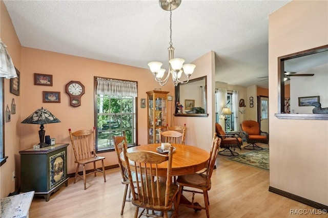 dining room featuring light wood-style floors, ceiling fan with notable chandelier, and a textured ceiling