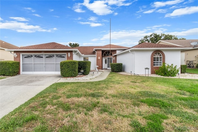 single story home featuring a front yard and a garage