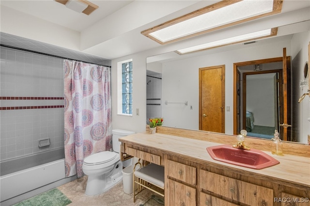 full bathroom with toilet, vanity, and shower / bathtub combination with curtain