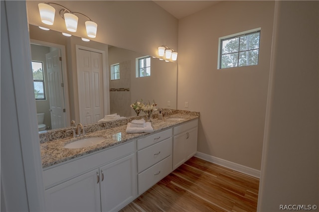 bathroom featuring a wealth of natural light, toilet, vanity, and hardwood / wood-style flooring