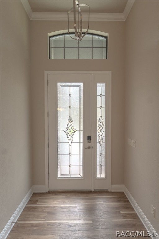 entryway with light wood-type flooring, ornamental molding, and a wealth of natural light