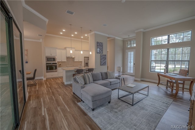 living room featuring light hardwood / wood-style floors and crown molding