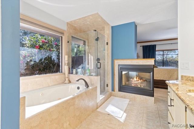 bathroom featuring a multi sided fireplace, a healthy amount of sunlight, plus walk in shower, and vanity