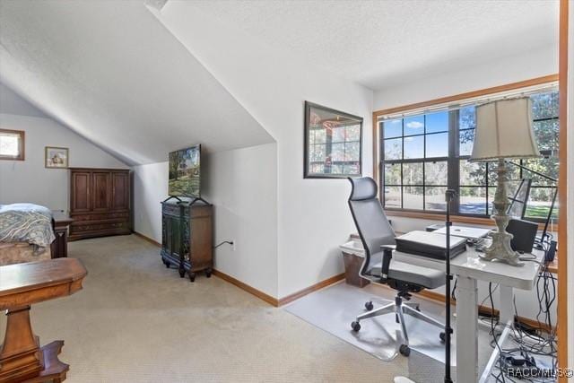 office featuring vaulted ceiling, light colored carpet, and a textured ceiling