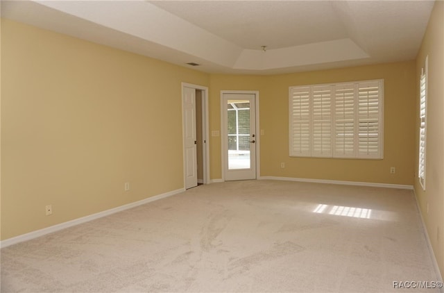 unfurnished room featuring a tray ceiling and light colored carpet