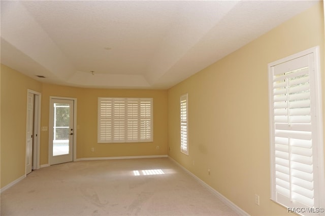 carpeted empty room with a textured ceiling and a raised ceiling