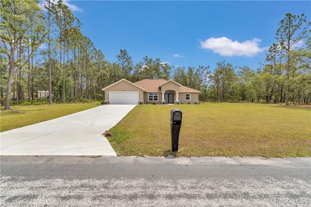 5443 N Nakoma Dr, Beverly Hills, FL 34465 - view of front of house with a garage, concrete driveway, a front lawn, and stucco siding