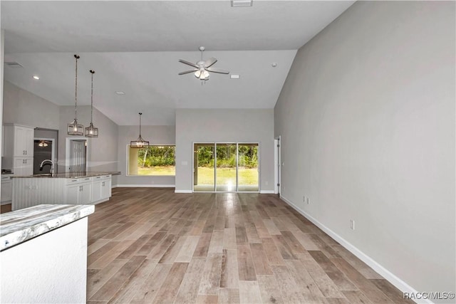 5443 N Nakoma Dr, Beverly Hills, FL 34465 - unfurnished living room with a ceiling fan, high vaulted ceiling, and light wood finished floors