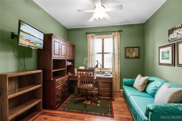 office area with ceiling fan and light hardwood / wood-style flooring