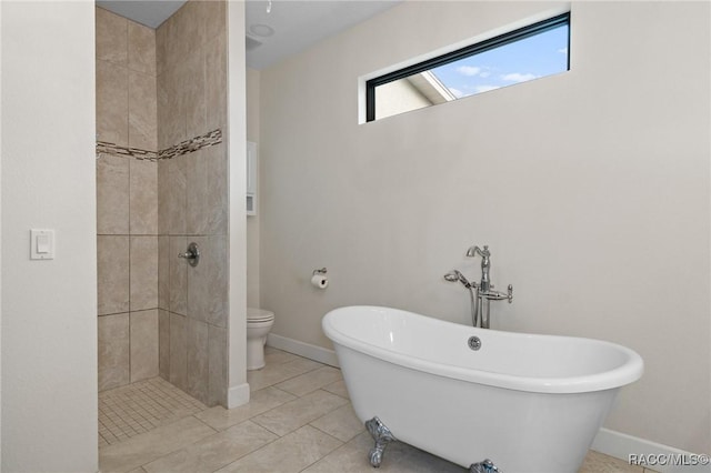 bathroom featuring tile patterned flooring, shower with separate bathtub, and toilet