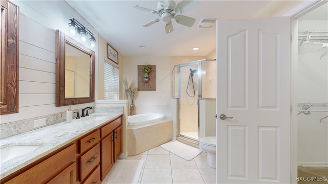 full bathroom featuring tile patterned flooring, ceiling fan, separate shower and tub, and vanity