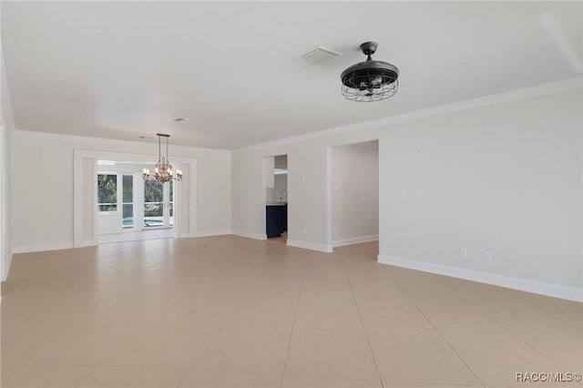 empty room with light tile patterned floors, visible vents, baseboards, ornamental molding, and an inviting chandelier