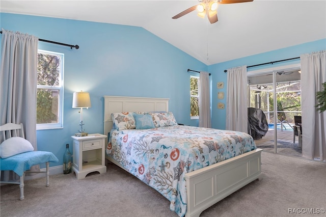 carpeted bedroom with lofted ceiling, multiple windows, ceiling fan, and access to outside