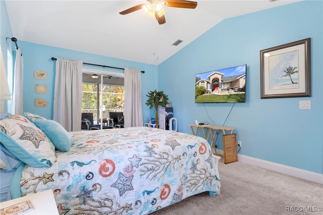 bedroom with ceiling fan, carpet, access to outside, and lofted ceiling