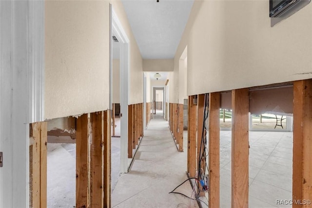 hallway with wooden walls