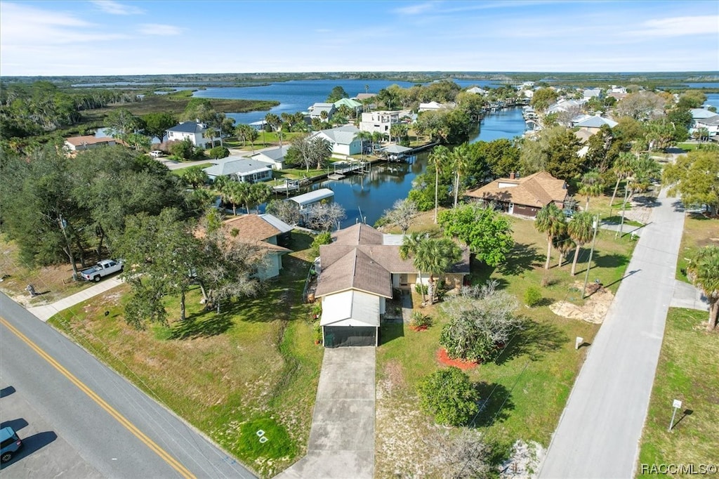 aerial view featuring a water view