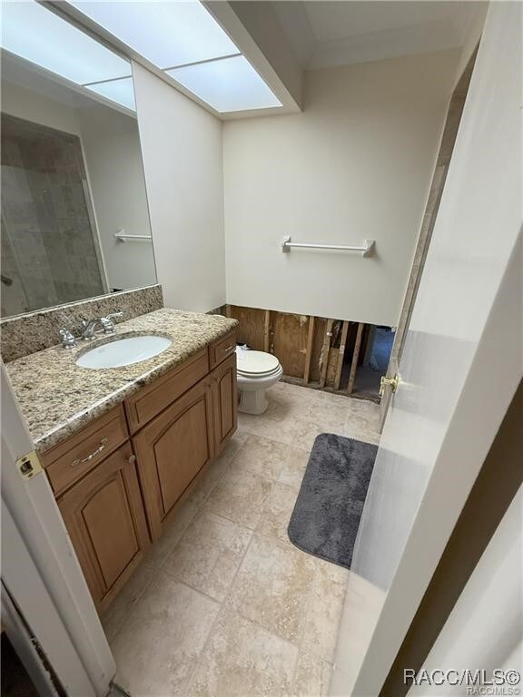 full bath featuring a skylight, a wainscoted wall, vanity, and toilet