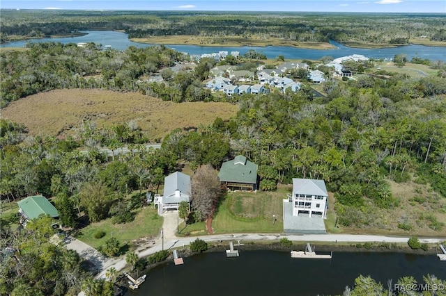 aerial view with a water view and a view of trees