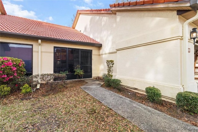 doorway to property featuring a tile roof and stucco siding