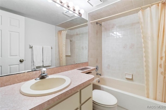 full bathroom featuring toilet, shower / bath combo, visible vents, and vanity