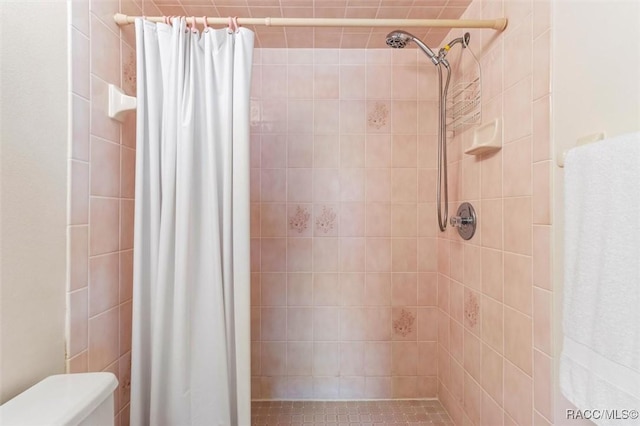 full bathroom featuring toilet and a shower stall