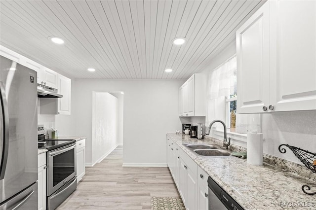 kitchen with sink, white cabinetry, wood ceiling, light hardwood / wood-style flooring, and appliances with stainless steel finishes