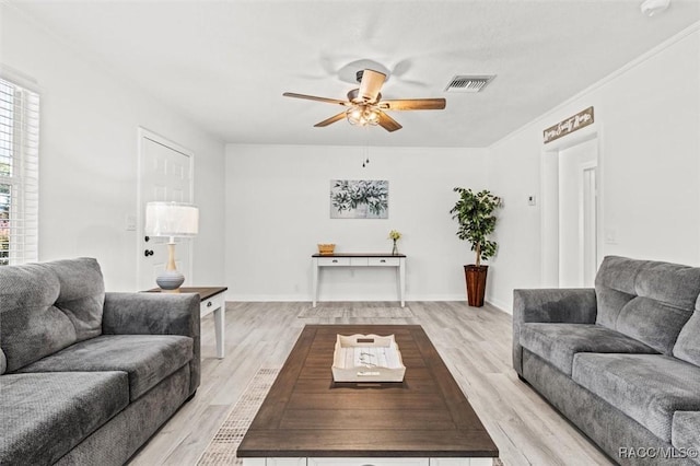 living room featuring ceiling fan and light wood-type flooring