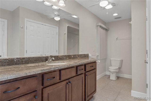 bathroom with ceiling fan, vanity, toilet, and tile patterned flooring