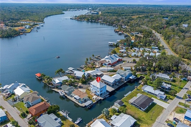 drone / aerial view with a water view