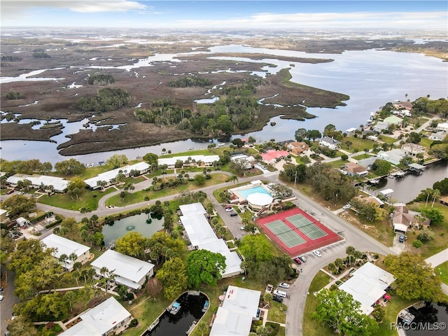 bird's eye view with a water view