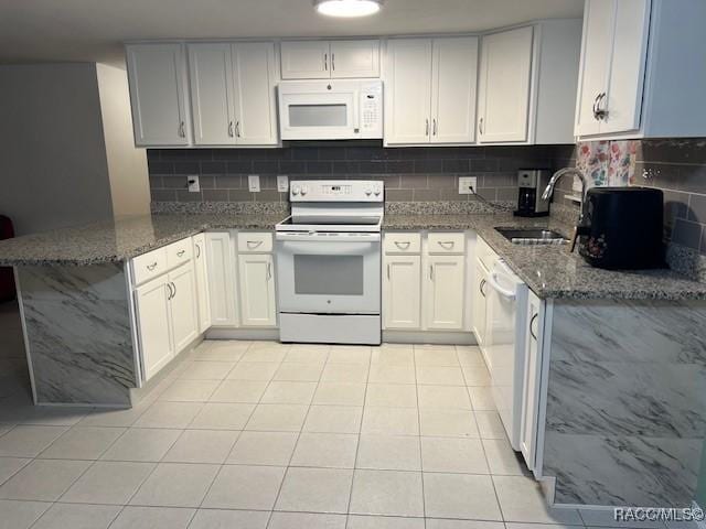 kitchen featuring kitchen peninsula, white appliances, sink, white cabinets, and light tile patterned flooring