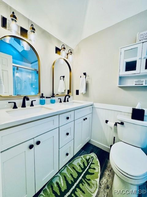 full bathroom with a sink, a wainscoted wall, a stall shower, and toilet